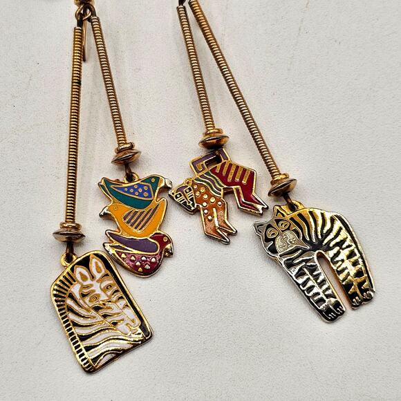 Laurel Burch Vintage Enamel Animal Dangle Earrings Goldtone Zebra Bird Monkey - Picture 2 of 6